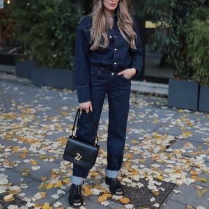 New Zara Long Denim Jumpsuit Dark Indigo Small 8197/287